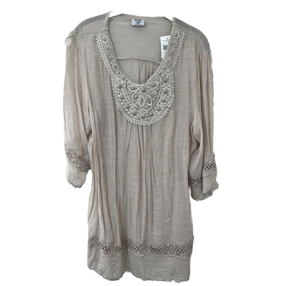 NEW MAD Style Sand V-Neck Tunic Lace & Beaded Light Weight Boho Size XXL